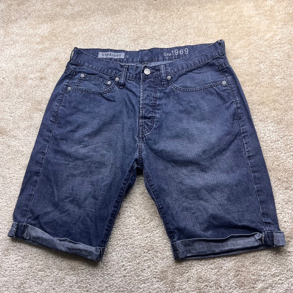 Gap 1969 Mens Straight Denim Shorts Dark Wash Blue Button Fly Size 32 136692-00